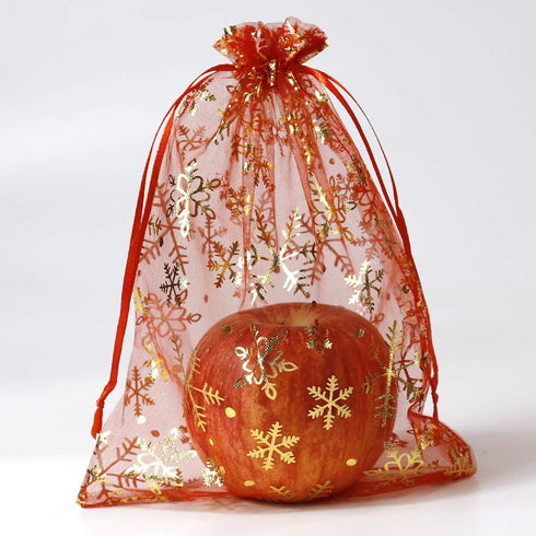 SUNGULF 100pcs Organza Pouch Bag, 6"x9" Drawstring Gift Candy Bag for Jewelry Party Wedding Favor (Red Snowflake)