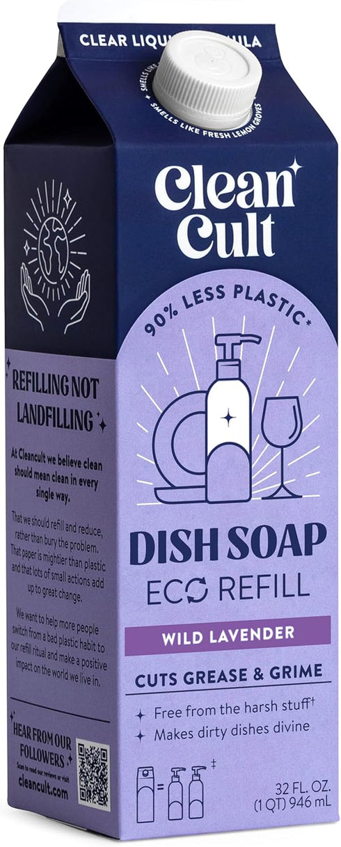 Cleancult Dish Soap Liquid Refill (32oz, 1 Pack) - Plant Based Dish Soap that Cuts Grease & Grime, Wild Lavender