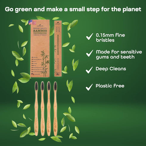 Set 4 rebEarth Bamboo Aesthetic Toothbrush Wood of | Ultra Soft Bristles | Black Charcoal Infused | American Brand |