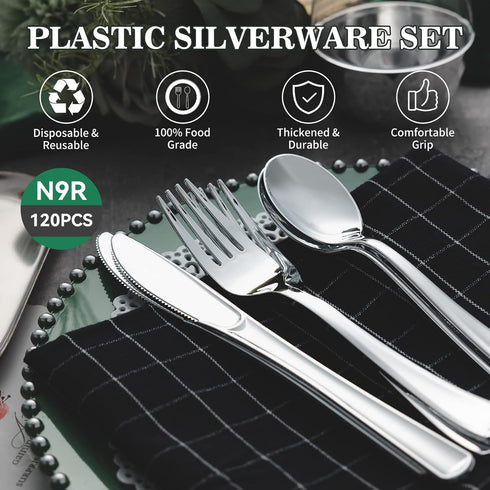 N9R 120PCS Silver Plastic Silverware Set, Disposable Cutlery - 60 Forks, 30 Spoons, 30 Knives