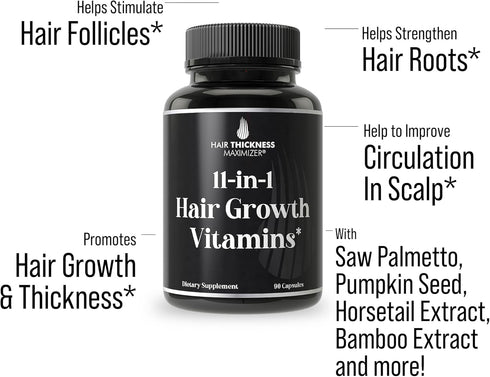 11-in-1 Vegan Hair Growth Vitamins for Thinning & Brittle Hair, Advanced Vitamin Complex with Biotin