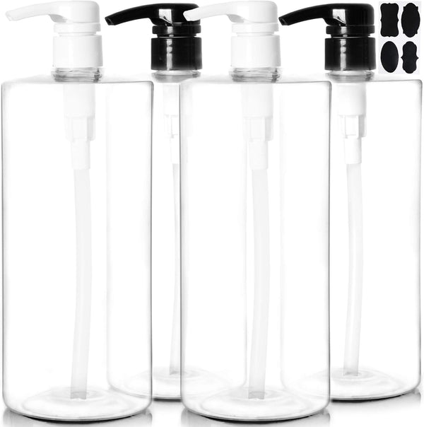 Youngever 4 Pack Empty Shampoo Pump Bottles - 32 Ounce (1 Liter), Plastic Cylinder with Lockdown-Leak Proof-Pumps