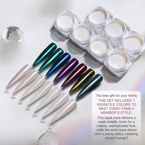 Pretty Diva 7 Colors Pearl Chrome Powder Set - Magic White Pearl Chrome Powder for Nails, Iridescent Metallic Pigment