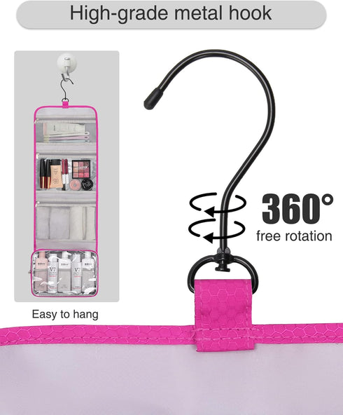 Relavel Hanging Travel Toiletry Bag for Women, Large Capacity Waterproof Organizer for Makeup and Accessories (Hot Pink)