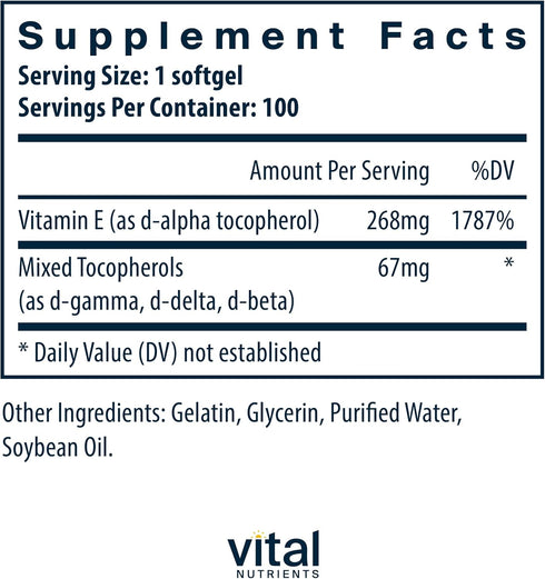 Vital Nutrients Vitamin E with Mixed Tocopherols | Antioxidant Support for Cardiovascular Health | 100 Softgels
