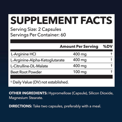 L-Arginine Capsules for Active Males - 120 Count, 1200mg Blend for Enhanced Performance