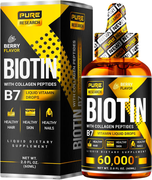 PURE RESEARCH Biotin & Collagen 60,000mcg Hair Growth Liquid Drops, Supports Healthy Hair, Skin, Nails