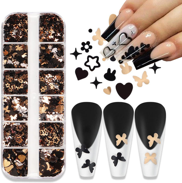 Nail Art Glitter Flakes, Mixed Black Gold Glitter Sequins for Women Manicure Charms and DIY Sparkly Crafts