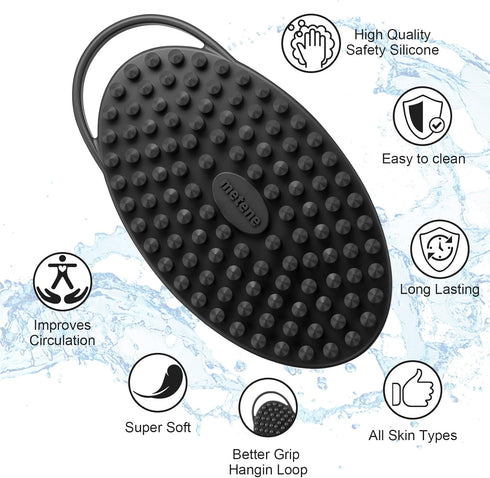 Metene 2 Pack Silicone Body Scrubber, Exfoliating Body Scrubber for Use in shower,Lathers Well, Long Lasting, Soft Body Scrubber for Shower and Bath Skincare Routine(Black with Loop).