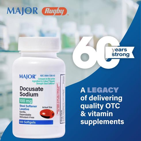 MAJOR Docusate Sodium 100 mg - Stool Softener Laxative Softgels for Constipation Relief, 100 Count (2 Pack)