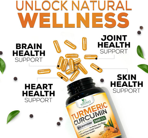 Turmeric Curcumin Supplement with BioPerine 95% Curcuminoids 2600mg, Best Natural Vegan Joint Support, 120 Capsules