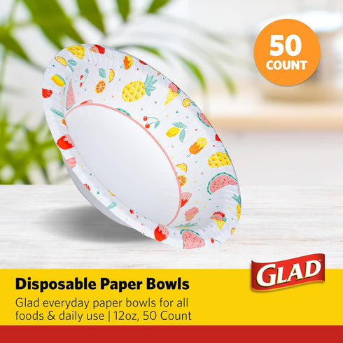 Glad Everyday Disposable Paper Bowls with Picnic Design| Cut-Resistant, Microwavable Paper Bowls for All Foods & Daily Use | 12 oz, 50 Count