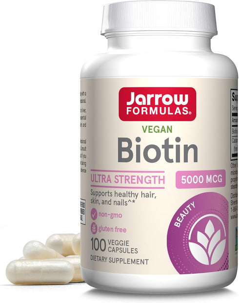 Jarrow Formulas Biotin Ultra Strength 5000 mcg, Hair, Skin, Nails Support, 100 Veggie Capsules