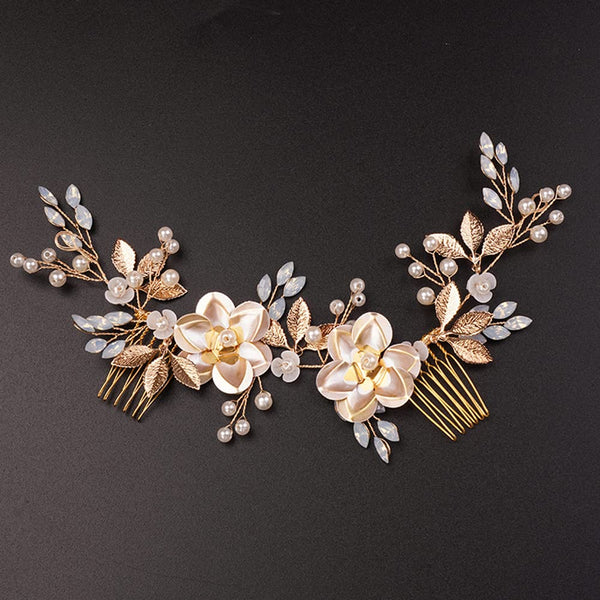 Wedding Gold Rhinestones Hair Comb, Dainty Flower Leaf Crystal Pearls Hair Comb Bridal Headband Hair Accessories for