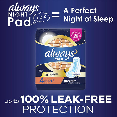 Always Maxi Pads Size 4, Overnight Absorbency, Unscented, 33 Count