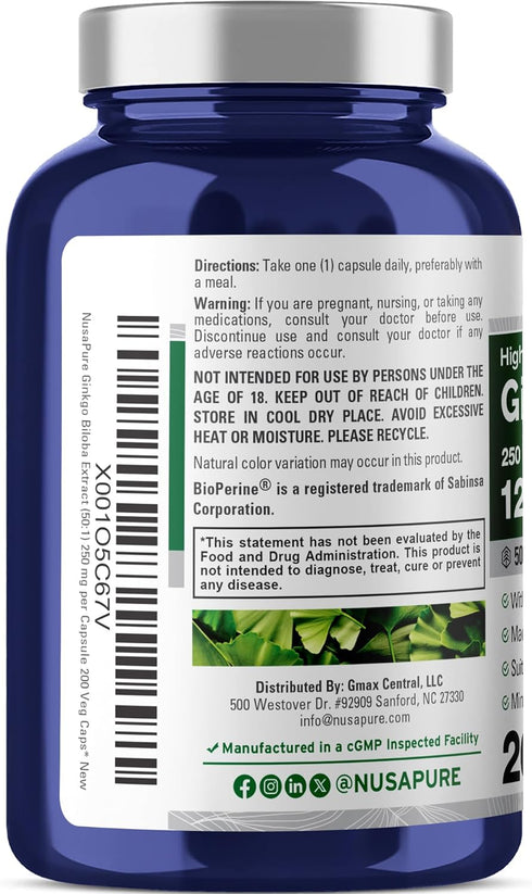 NusaPure Ginkgo Biloba 50:1 Extract - 250 mg Equivalent to 12,500 mg per Veggie Caps, 200 Capsules (Vegetarian,