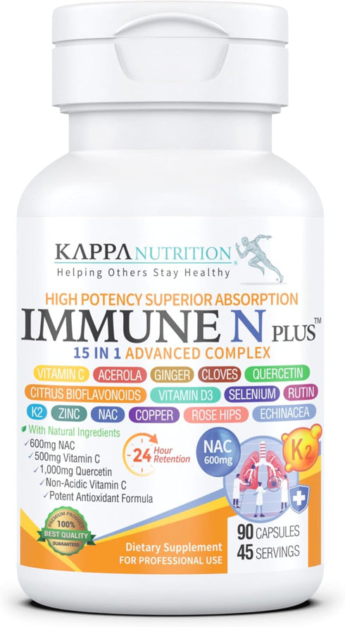 NAC 600mg, Quercetin 1,000mg, Vitamin C 500mg, 90 Capsules, Immune N Plus 15 in 1 Supplement