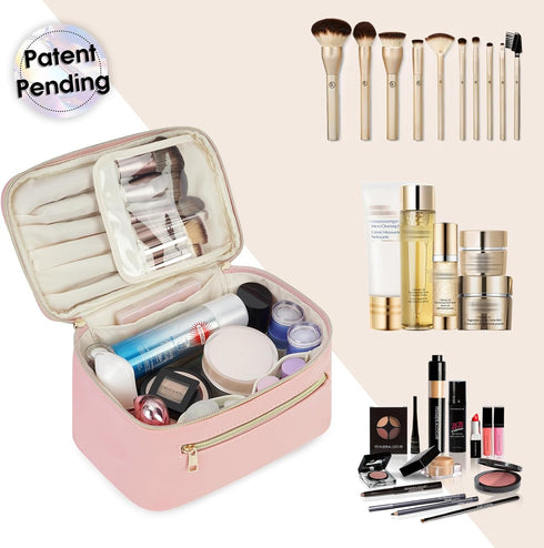 Wandering Nature Makeup Bag, Travel Organizer Cosmetic Brush Case for Women in Eco Vegan Leather, Pink