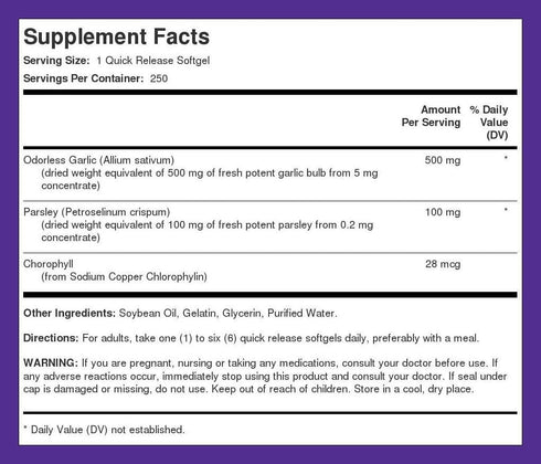 Piping Rock Odorless Garlic and Parsley Pills 500mg, 250 Softgel Capsules, Non-GMO, Gluten Free
