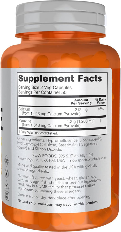 NOW Sports Nutrition, Pyruvate (Pyruvic Acid) 600 mg, Energy Production*, 100 Veg Capsules