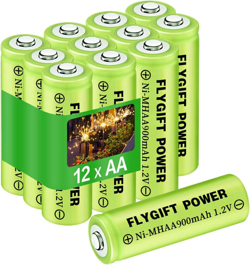 AA Rechargeable Batteries for Solar Lights, 900mAh 1.2V Pre-Charged Double A Batteries (Pack of 12)
