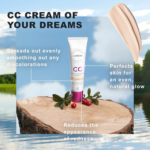 Lumene Color Correcting CC Cream, Lightweight Foundation with Medium Coverage, Redness Reducing Face Makeup, Light