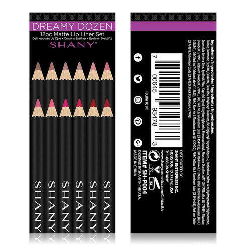 SHANY Dreamy Dozen Matte Lip Liner Set, Vegan Long-Lasting Professional Velvet Pencils, Pack of 12