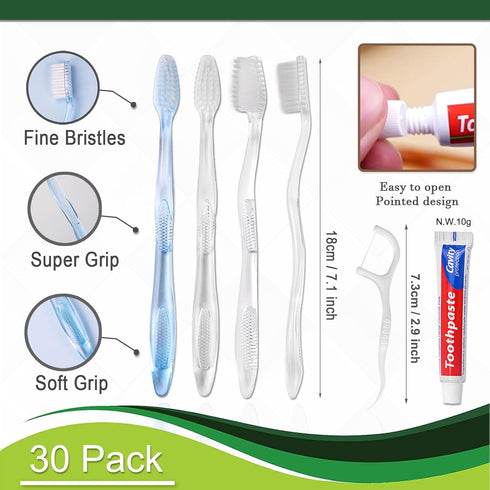 30 pcs Disposable Toothbrushes with 10g Toothpaste, Floss Individually Wrapped, Bulk Toothbrush Kit for Hotel, Guests