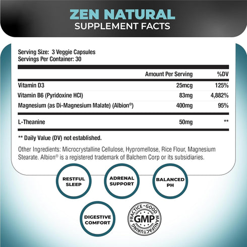 Nutrology Zen Natural Magnesium Supplement 400mg Magnesium Malate with Vitamin D3 & L-Theanine, 30 Servings