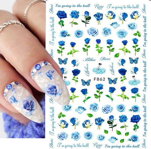 Flower Nail Art Stickers Decals 6 Sheets, Spring Rose 3D Self-Adhesive Nail Stickers for Women
