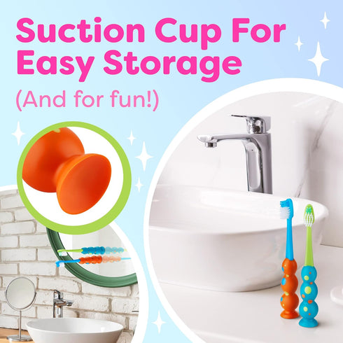 Kids Toothbrush 4 Pack, Soft Contoured Bristles, Child Sized Brush Heads with Suction Cup for Easy Storage