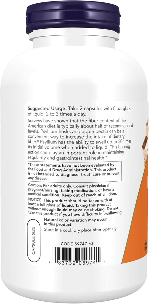 Psyllium Husk Caps 700 mg with 50 mg Apple Pectin, Intestinal Health*, NOW Supplements, 360 Veg Capsules