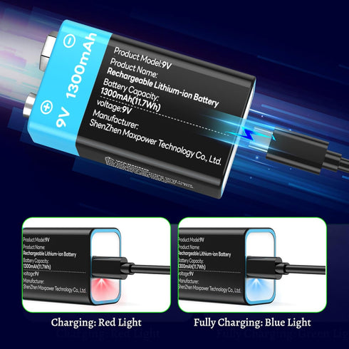 YONHUIZI 4-Pack 1300mAh 9V 9 Rechargeable Batteries, Volt Lithium-ion Square Battery Long Lasting Power+Clip Connector
