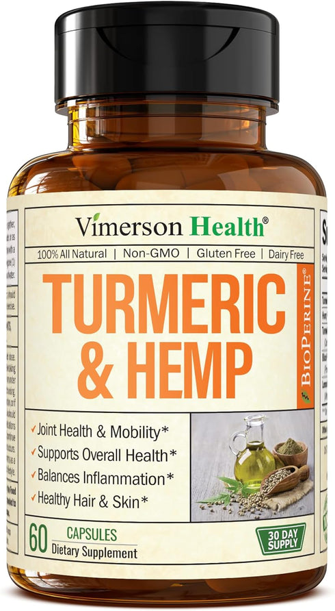 Turmeric and Hemp Capsules - Vegan Joint Support Supplement with Curcumin, Black Pepper & Lemon Balm