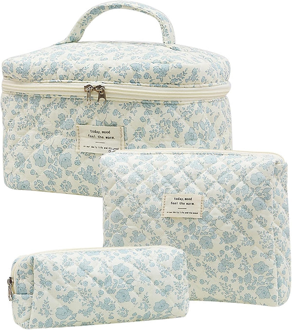 Quilted Floral Makeup Bag 3PCS | Cute Cotton Travel Toiletry Bag, Large Capacity for Daily Use