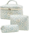 Quilted Floral Makeup Bag 3PCS | Cute Cotton Travel Toiletry Bag, Large Capacity for Daily Use
