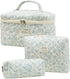 Quilted Floral Makeup Bag 3PCS | Cute Cotton Travel Toiletry Bag, Large Capacity for Daily Use