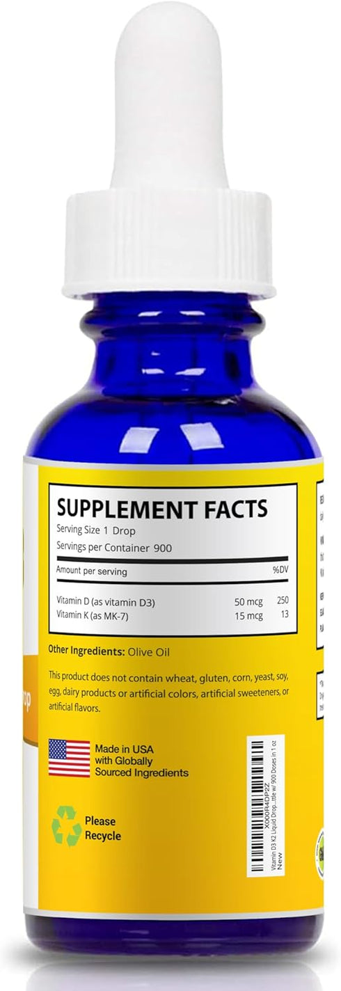 Vitamin D3 K2 Liquid Drops, 2000 IU Per Drop with K2 Supplements for Healthy Bones, Heart & Immune Health