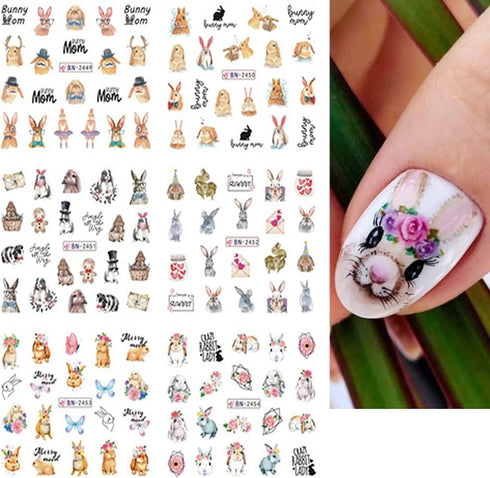 12 Sheets Rabbit Nail Stickers, Animal Water Transfer Nail Decals, Holographic Art Sticker for Women Girls