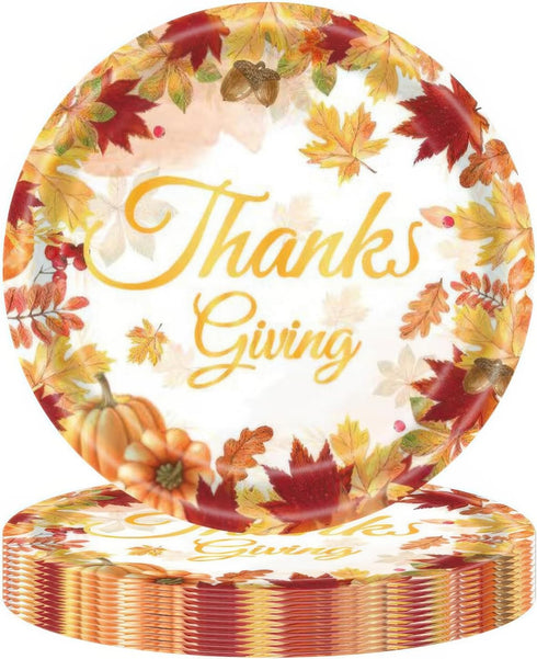 mdgfge 24Pcs Thanksgiving Paper Plates, Autumn Maple Leaf with Pumpkin Disposable Dessert Plates