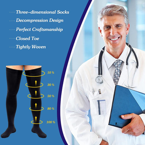 MGZTTHW 20-30mmHg Compression Socks, Men's Thigh High Compression Stockings with Non-slip Silicone