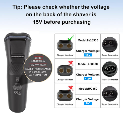 Philips Power Cord HQ8505 Charger, Compatible with Norelco Series 2000, 7000, 9000, 3000, 5000 Shaver, 15V Charging