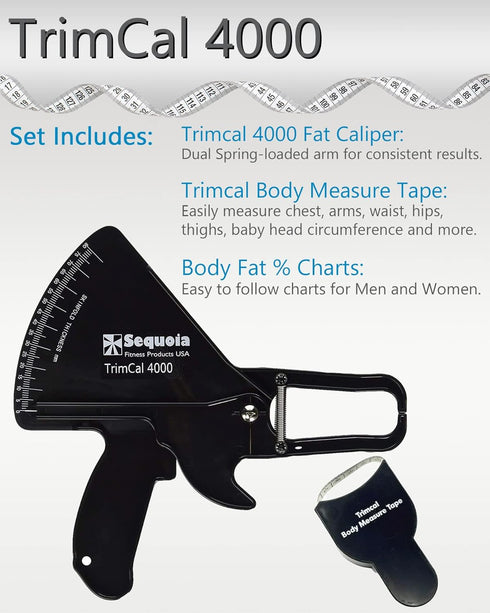 Sequoia Fitness Trimcal 4000 Body Fat Caliper with Body Measure Tape & Fat% Chart (Black & Black)
