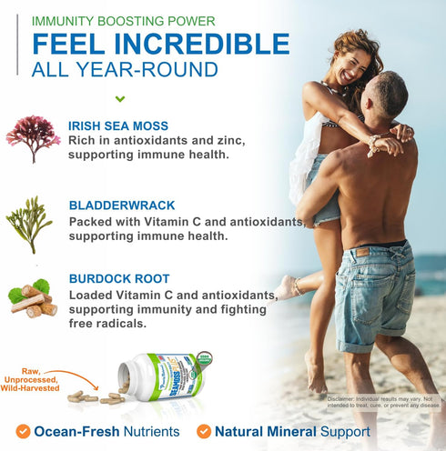Power By Naturals Sea Moss Plus - USDA Organic Irish Sea Moss Capsules with Bladderwrack & Burdock Root - 60Ct