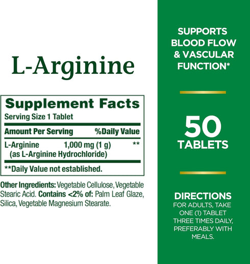 Nature's Bounty L-Arginine, Supports Blood Flow and Vascular Function, 1000 mg, Tablets, 50 Count