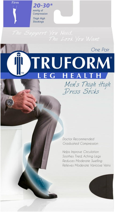 Truform Compression Socks, Men's Dress Socks, Thigh High Over Knee Length, 20-30 mmHg, Black, Large