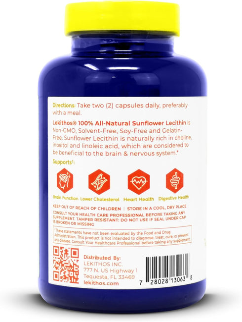 100% All-Natural Sunflower Lecithin Capsules - 120 Count - Rich in Phosphatidyl Choline, Non-GMO, Vegan