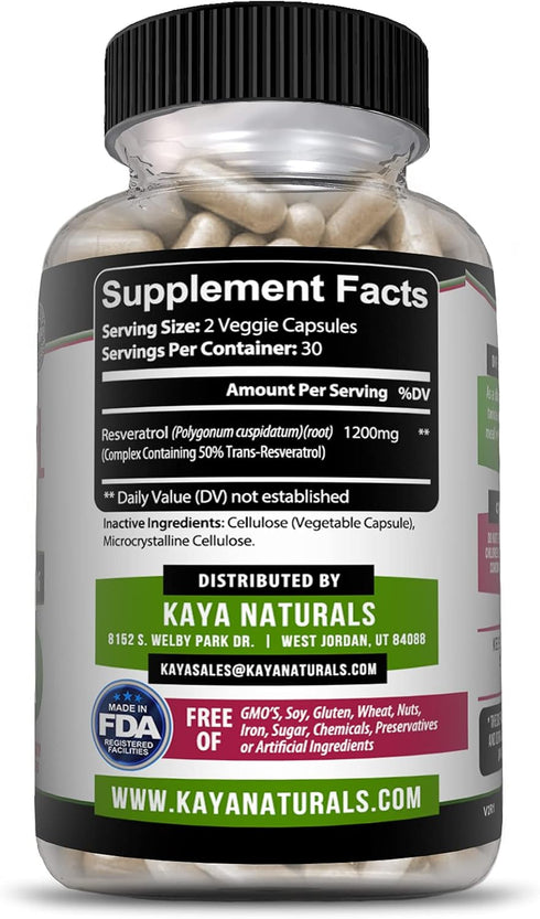 Kaya Naturals Resveratrol Capsules, Anti Aging Supplement with Antioxidants and Brain Support, 60 Veggies Capsules