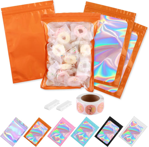 150-pack 6 x 9 in Holographic Mylar Bags with Clear Window, Resealable Foil Pouches for Food Storage, Smell Proof