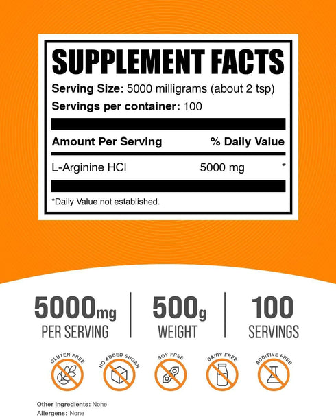BulkSupplements.com L-Arginine HCl Powder - Unflavored Arginine Supplement, Nitric Oxide, 5000mg per Serving, 500g (1.1